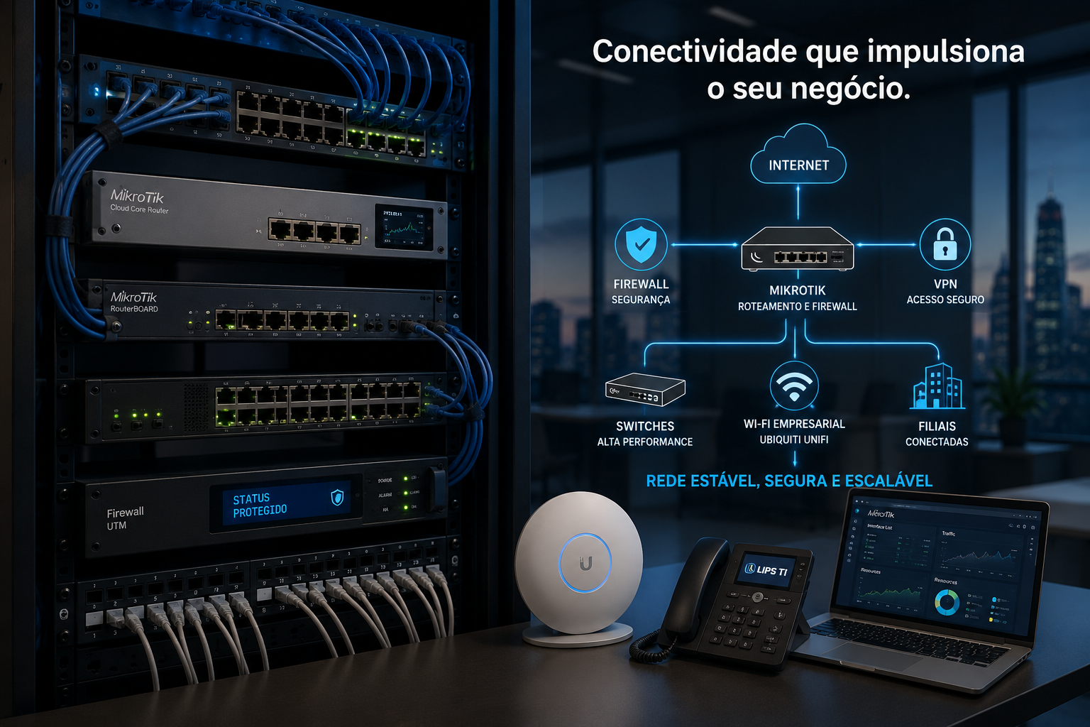 Redes empresariais com MikroTik, firewall, VPN e switches