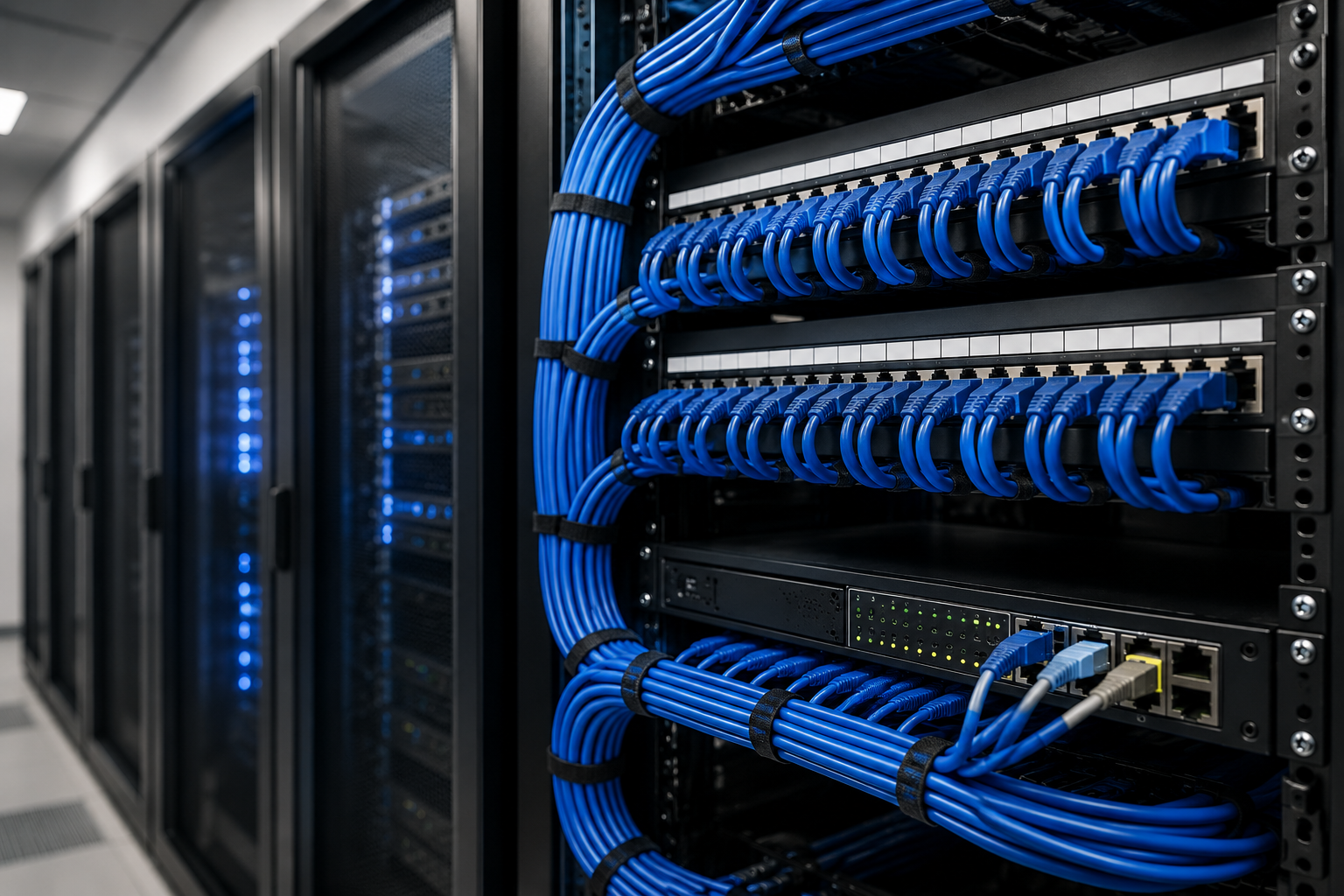 Cabeamento estruturado empresarial com rack, patch panels e cabos de rede organizados
