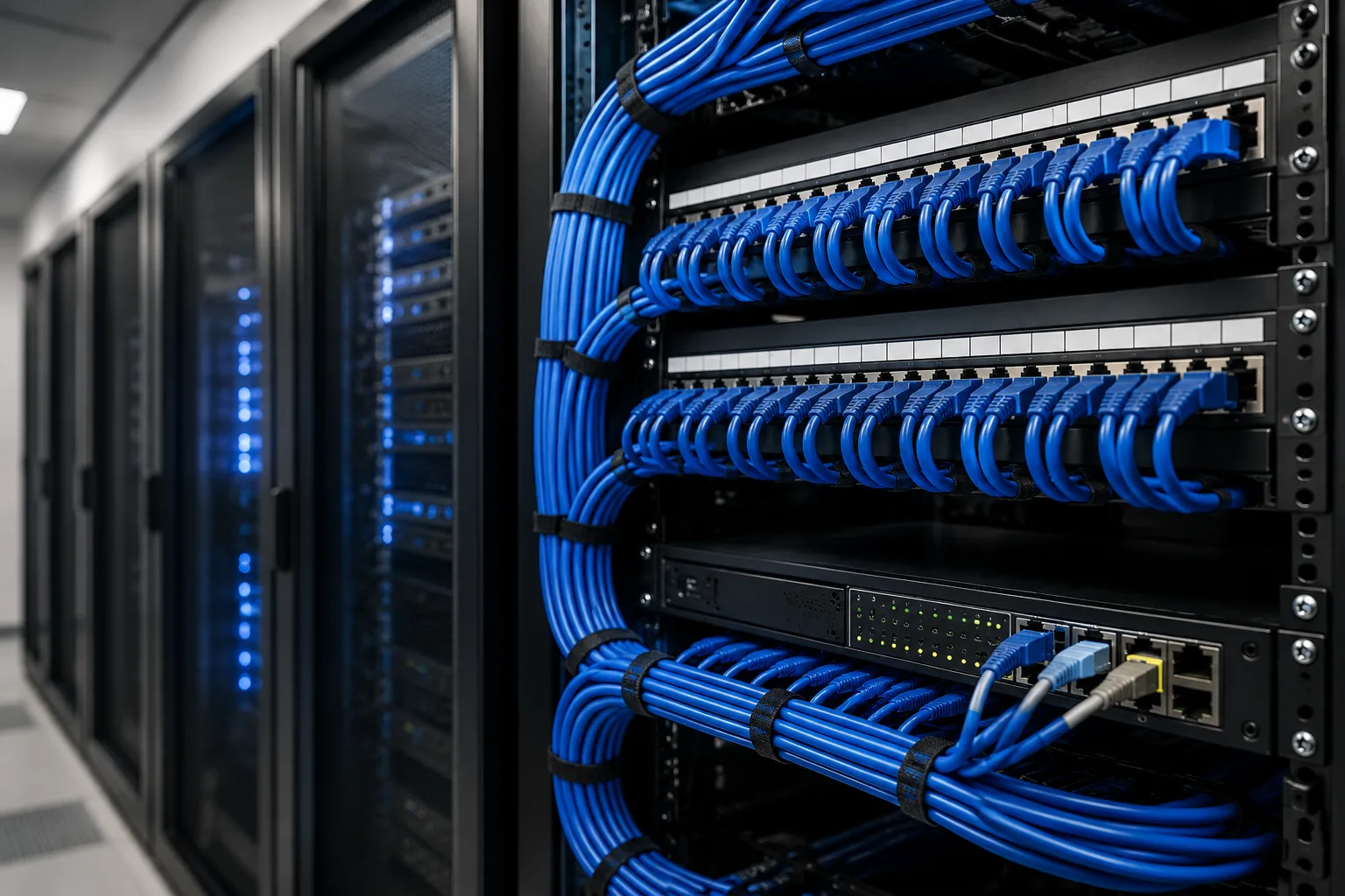 Cabeamento Estruturado para Empresas - LIPS TI Cabeamento estruturado empresarial com rack, patch panels e cabos de rede organizados